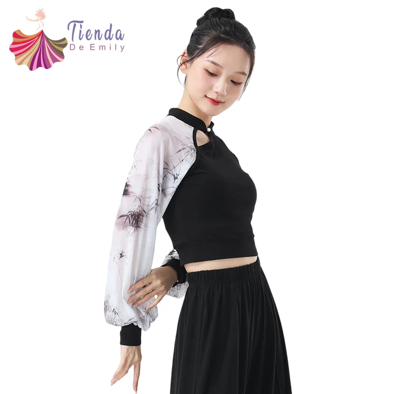New Chinese Style Dance Top Bamboo Print Traditinal Dancer Practice Wear Long Sleeve Cheongsam Elegant Women Classical Stage Red