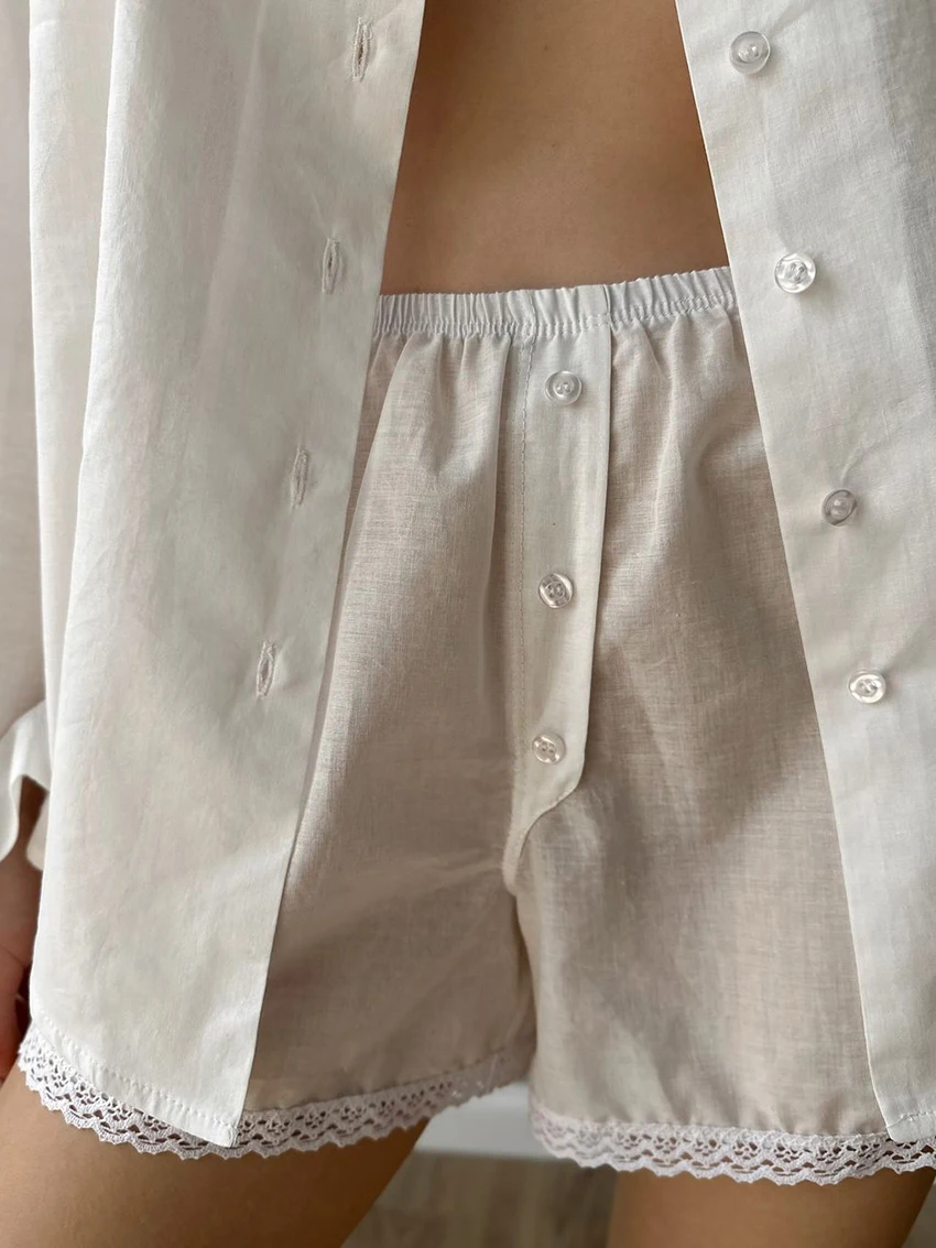 Marthaqiqi Cotton Women Sleepwear Set Long Sleeve Nightgown Turn-Down Collar Nightwear Shorts Casual Ladies Pajamas 2 Piece Suit