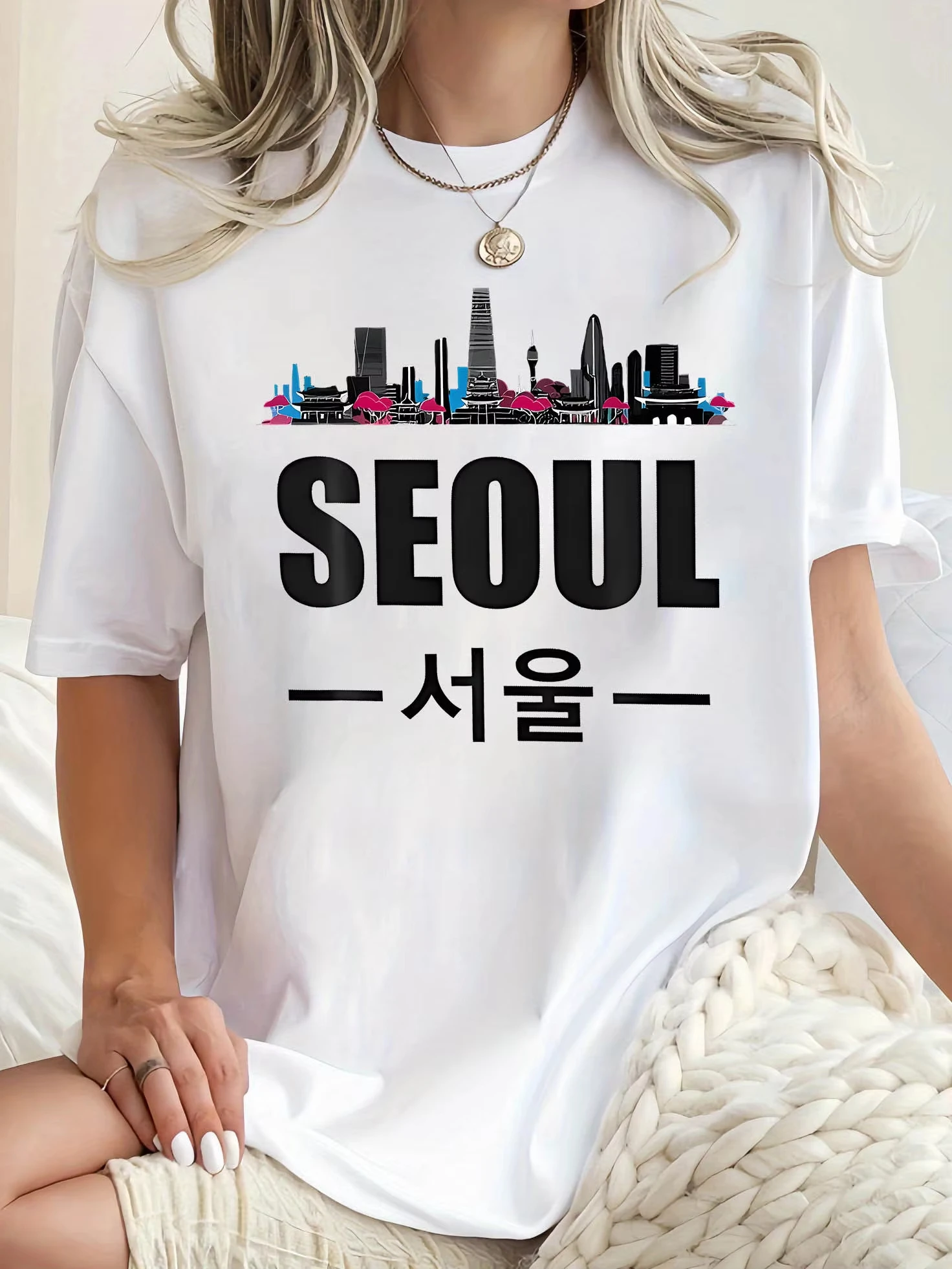 Seoul graphic printed summerautumn and winter cotton men's and women's short-sleeved luxury outdoor sports brand clothing