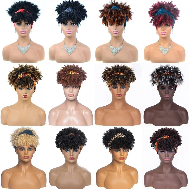 Pelucas de diadema rizadas cortas Afro Puff peluca con diadema rizada para mujeres turbante sintético Natural peluca envolvente Cosplay uso diario