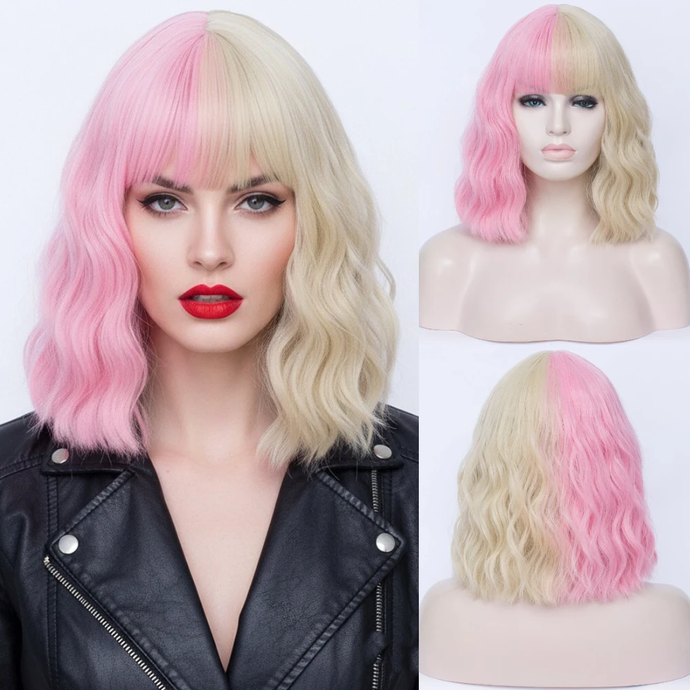 Two Tone Short Bob Wig with Bangs Half Pink Half Blonde Women’s Realistic Synthetic Wig Cosplay Party Look