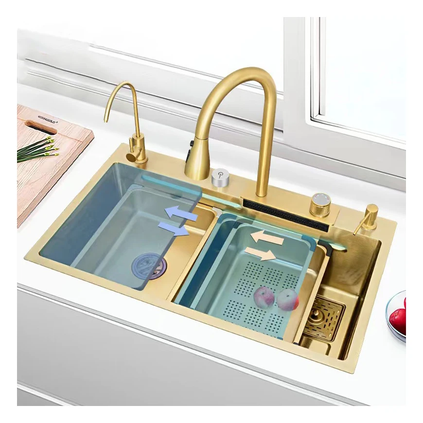 Handmade Gold Smart Waterfall Kitchen Sink 304 SUS Stainless Steel Single Rectangular Bowl with 3-Gear Pulling Faucet Top Mount