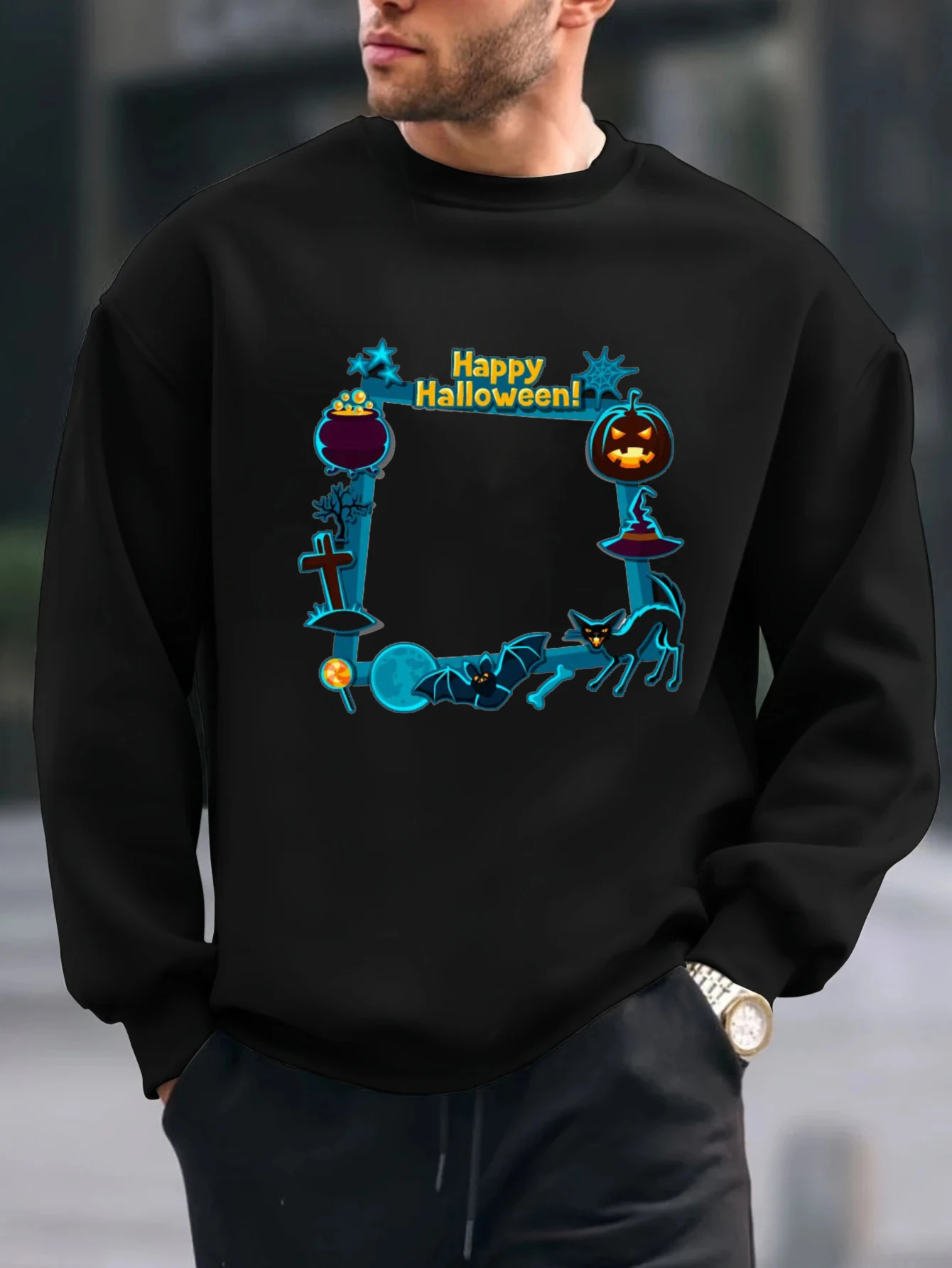 

2025 синие топы с принтом граффити на Хэллоуин, весенне-осенняя мужская толстовка с круглым вырезом, повседневный пуловер с капюшоном для повседневной носки