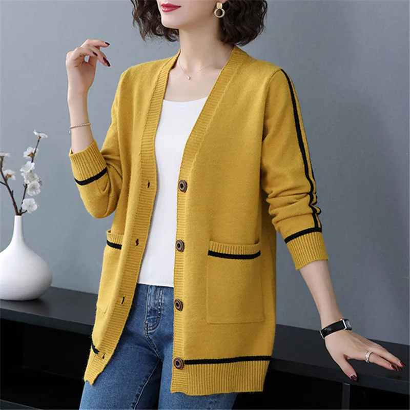 Outwear Cardigan Women\'s Mid Length Spring Autumn New Large Size Loose Knitted Sweater Coat Thicken Knitwears Jacket S-2XL