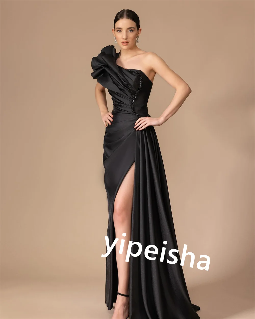 Satin Pleat Wedding Party Straight One-shoulder Bespoke Occasion Gown Long Dresses