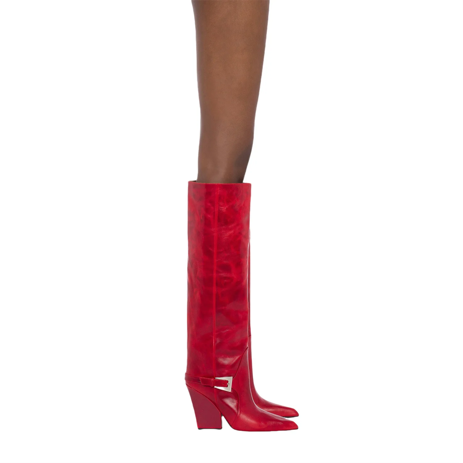 

Women's Long Boots with Square Toe Thick Heel One Foot Kick, Straight Tube Red Belt Buckle, Sleeve, Large Size, Knee High Boots