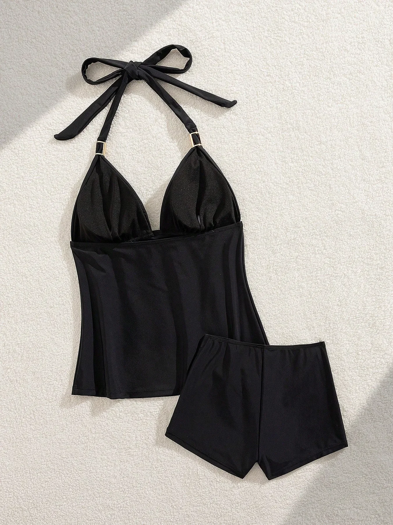 ฤดูร้อนสีดํา V คอ Halter เปิดกลับ Tankini เสื้อกั๊ก 2 ชิ้นกางเกงขาสั้นชุดว่ายน้ําวันหยุดรัดตัวว่ายน้ําเสื้อผ้าชุดว่ายน้ํา Ropa