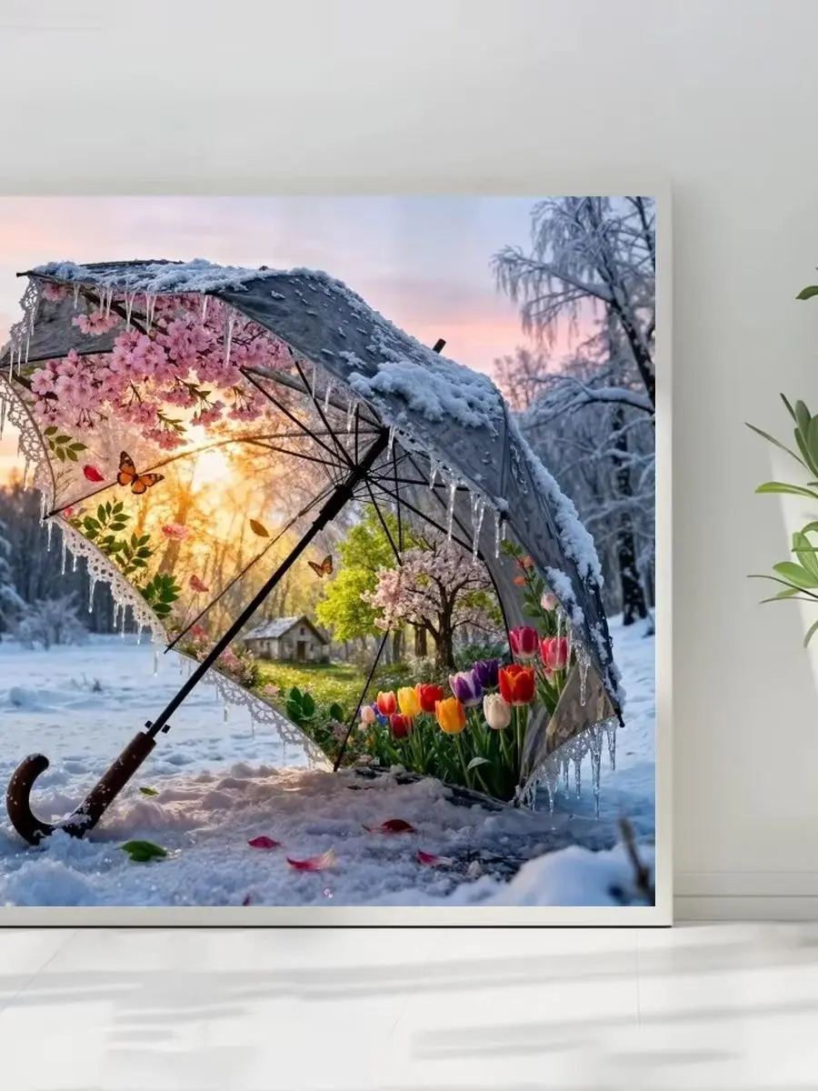 1 Stück 50x50cm/19,69 Zoll, 11Ct/14Ct Kreuzstich-Set, DIY Valentinstagsgeschenk, Stickerei-Set für Festlichkeiten, Blumen-Schirm-Schneelandschaft – Detail 1