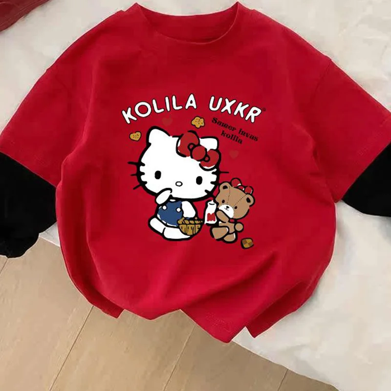 2024 New Hello Kitty Kids T-shirt Cute Cartoon Printed Loose Retro Cotton Fake Two Pieces Color Blocked Kawaii Top Anime Sanrio