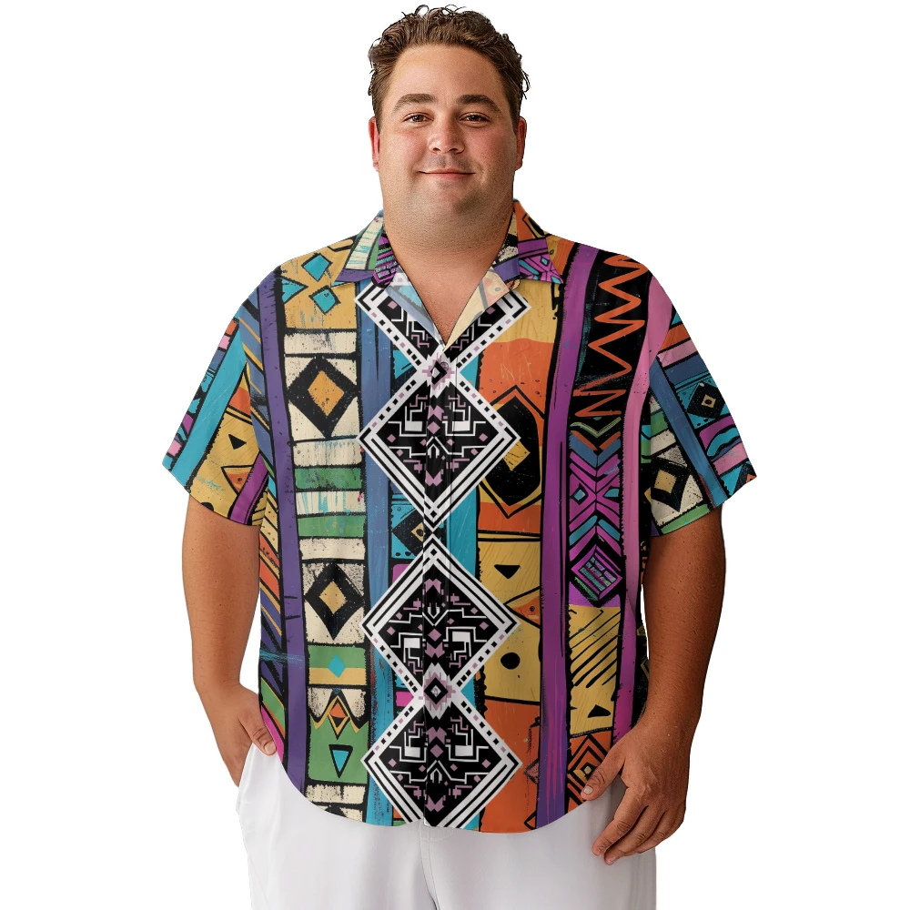 

2024 new Hawaii Men's shirts plus size Creative rhomboid ethnic graffiti printed clothing casual short-sleeved