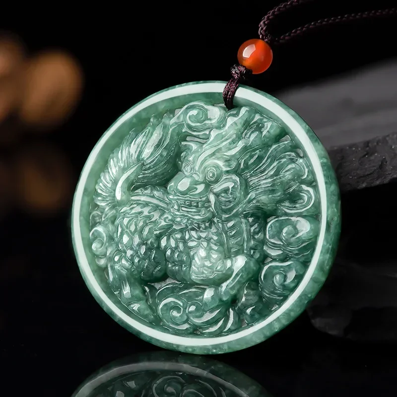 

Natural A Cargo Emerald Bean Green Handicraft Carving Kirin Pendant Fashion Boutique Jewelry Men's and Women's Jade Necklace