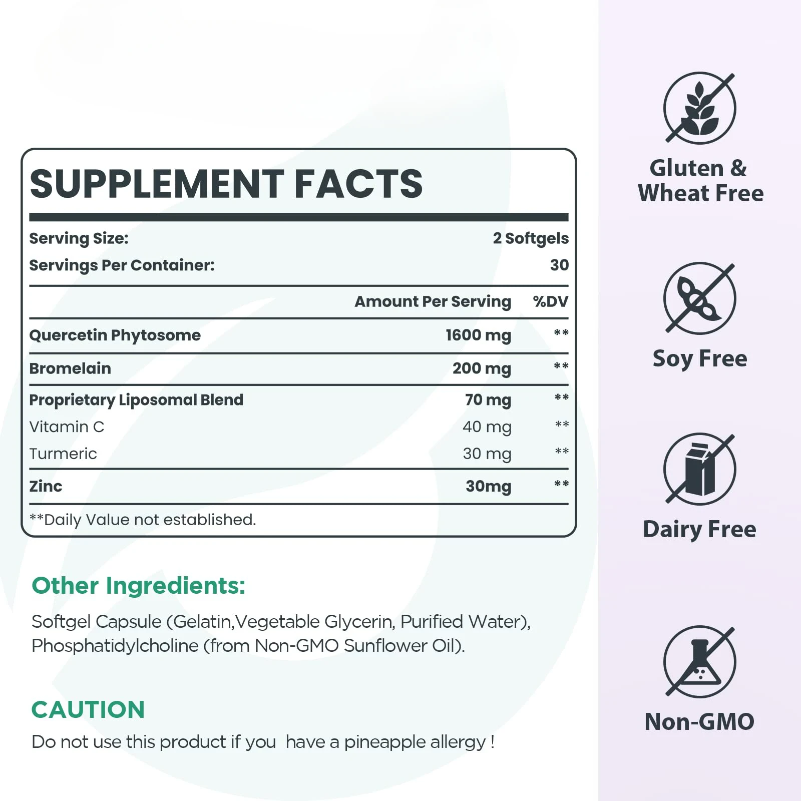 Liposome Quercetin Plant Body 1600mg, Bromelain 200mg, Zinc 30mg, Vitamin C Turmeric 40mg, Highest Absorption, 60 Soft Capsules