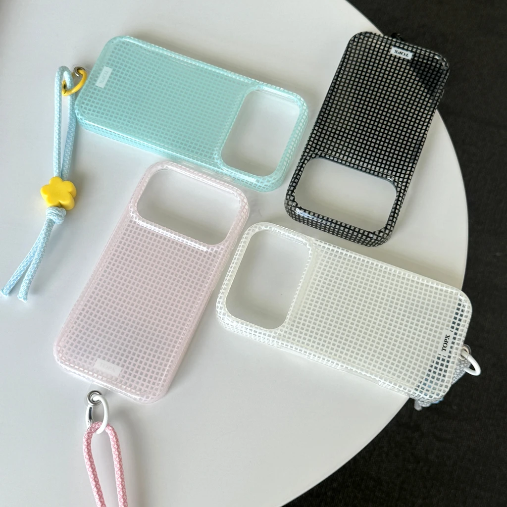 Coque de téléphone antichoc transparente minimaliste à grille avec cordon tressé pour iPhone 17 16 15 Pro Max