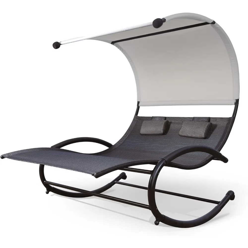 

Double Chaise Lounge, Outdoor Bed Lounger with Sun Shade & Wheels, Double Lounge Chair with Canopy & Headrest Pillows for Patio