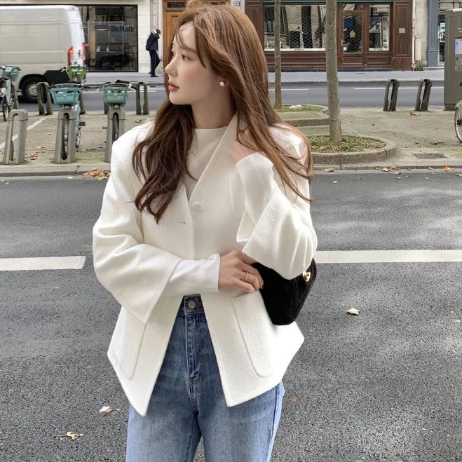 

Women's Korean Style V Neck Long Sleeve Single Button Loose Jacket Lady Spring Autumn Solid Color Office Wear Outwear Top