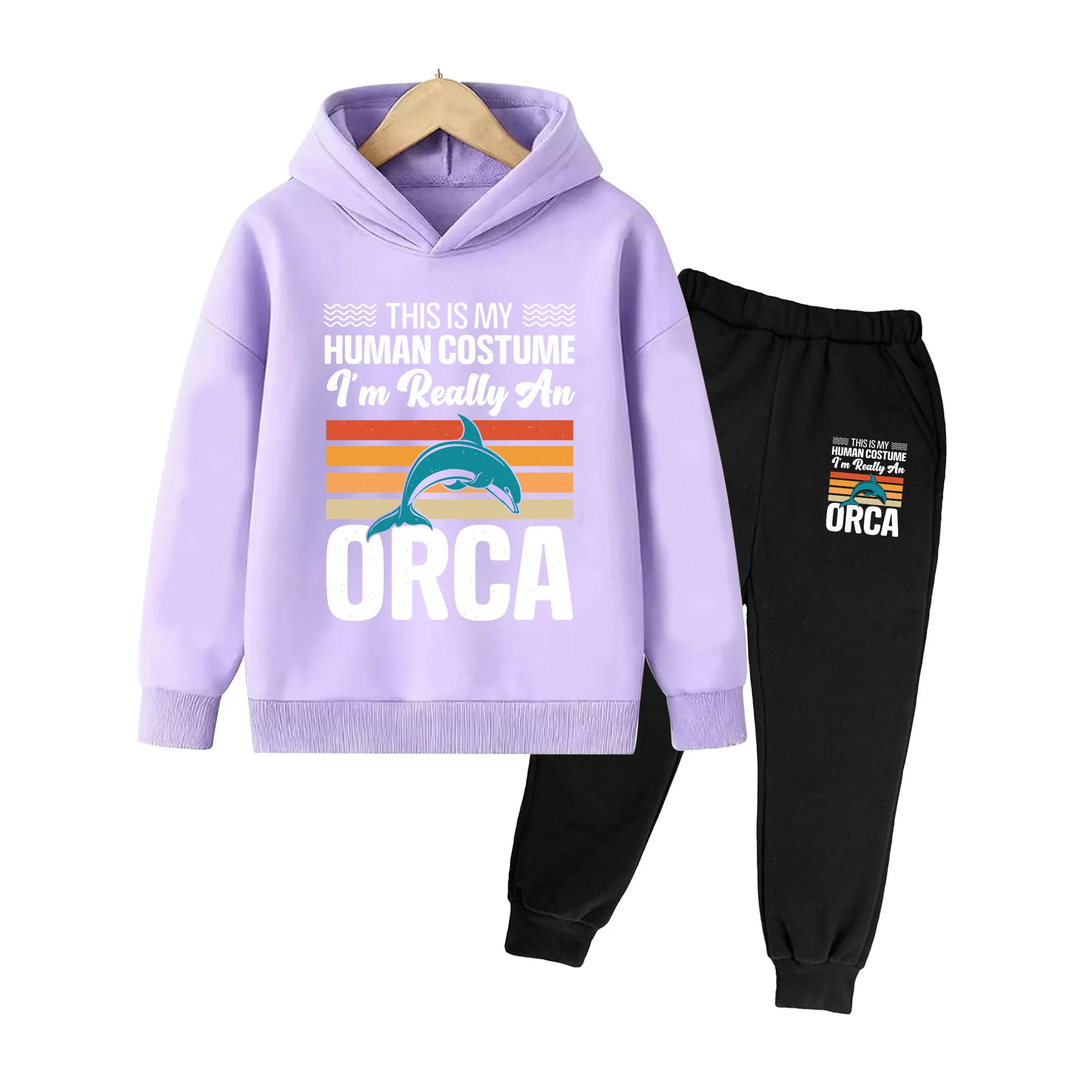 Kids Hoodie & Sweatpants Set, Retro Dolphin Print Long Sleeve Outfit for Boys Girls, Casual Daily Wear