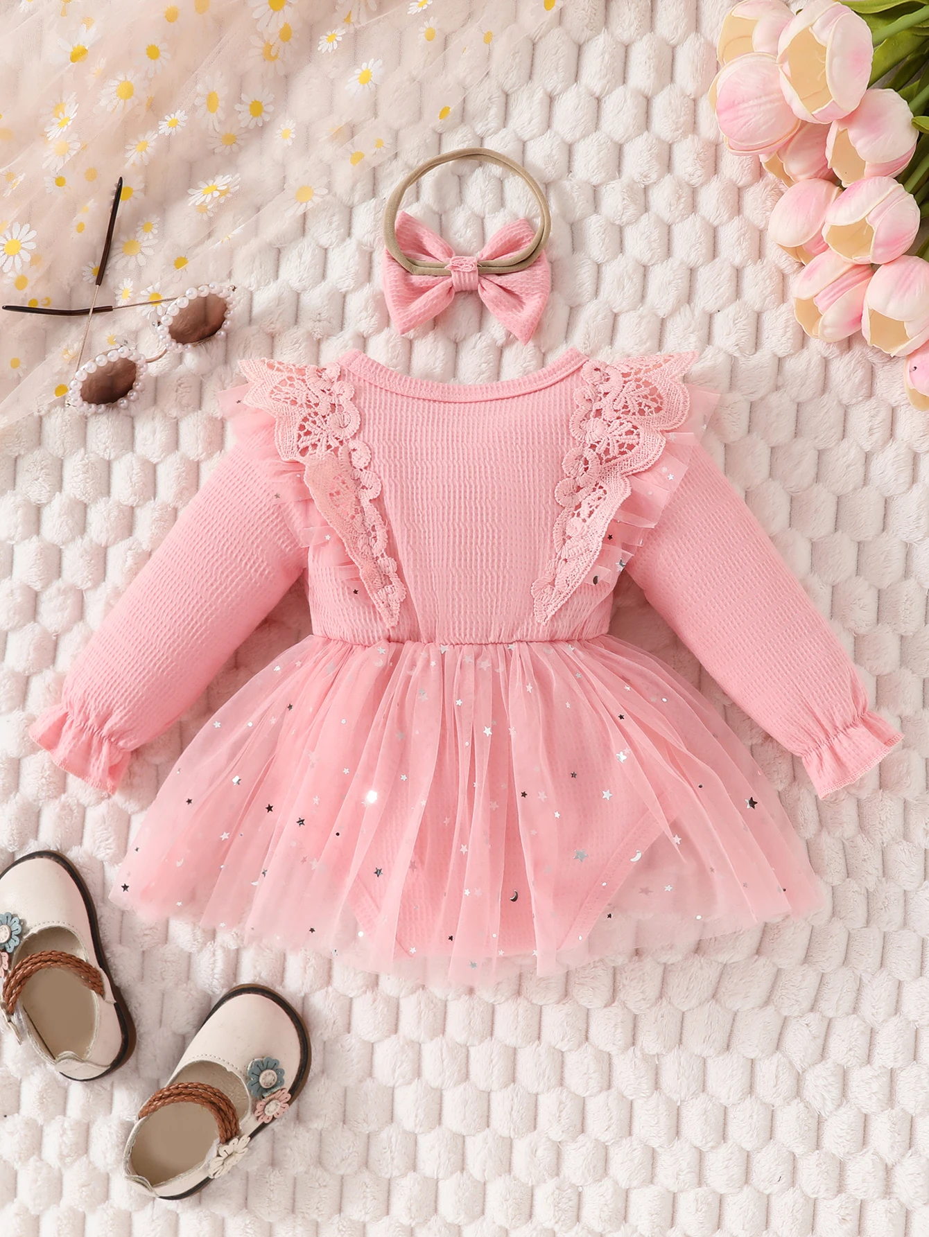 Baby Girl Autum Waffle Fabric Lace Ruffle Splicing Round Neck Long-Sleeved Mesh Triangle Jumpsuit with Bow Headband 2-Piece Set