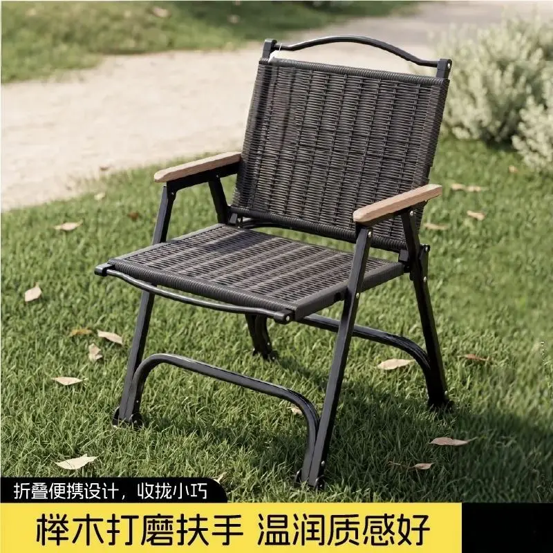 Camping Chair Foldable Black Rattan Woven Portable Beech Wood Armrests Heavy Duty Outdoor Seat For Patio Lawn Garden Beach