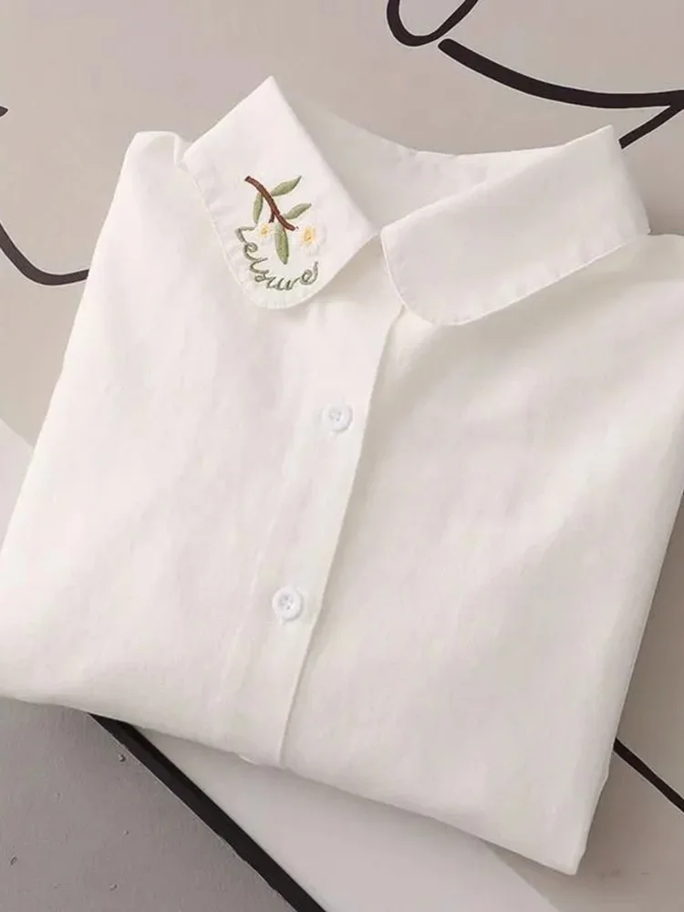 

Женская блузка из чистого хлопка с цветочным принтом, весенняя, в милом стиле преппи, с длинным рукавом, приталенная, в японском стиле, с милым буквенным принтом, универсальная, белая