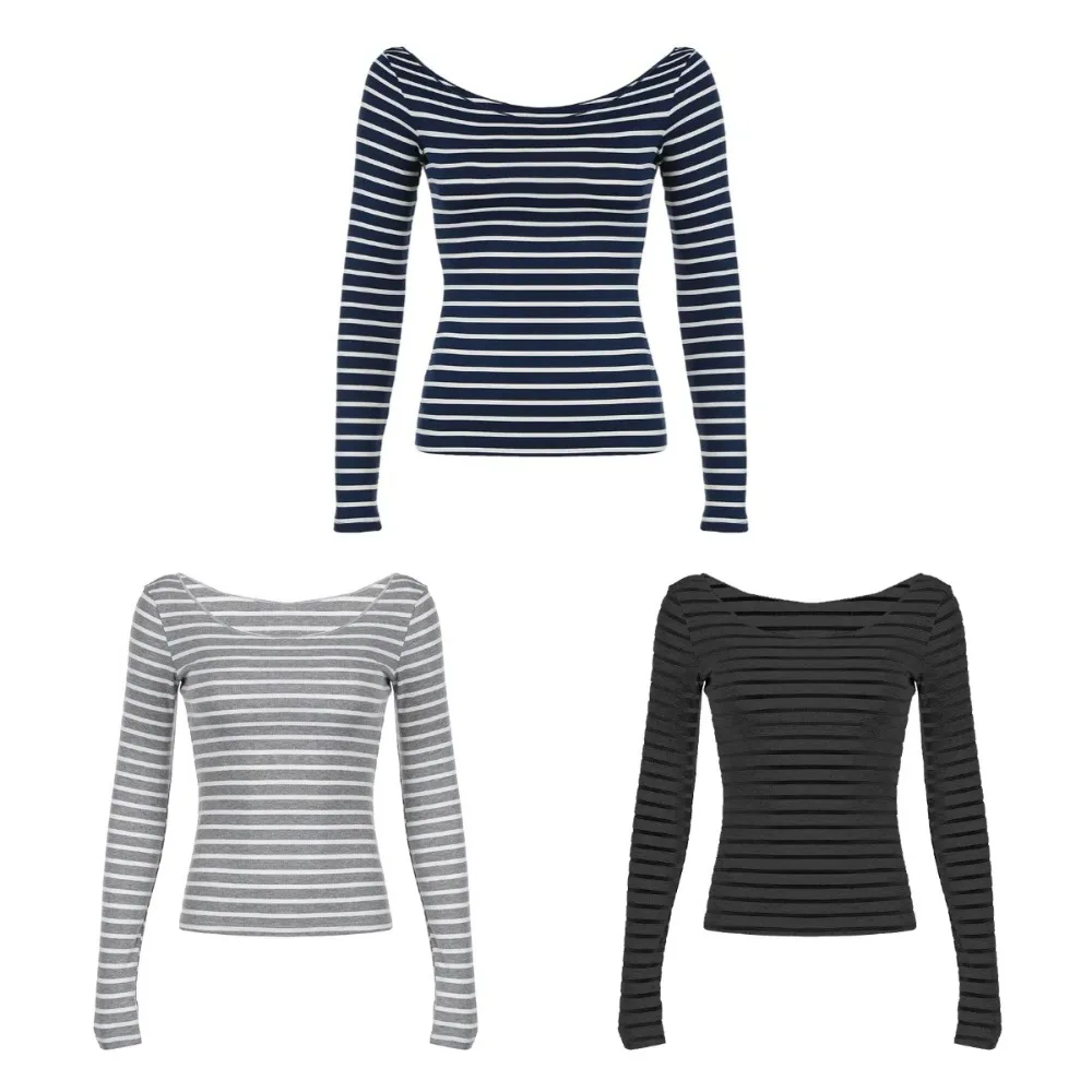 Casual Basic Long Sleeve T-shirt Crew Neck Thin Striped Pullover Korean Style Slim Bottoming Shirts Women Y2k Travel