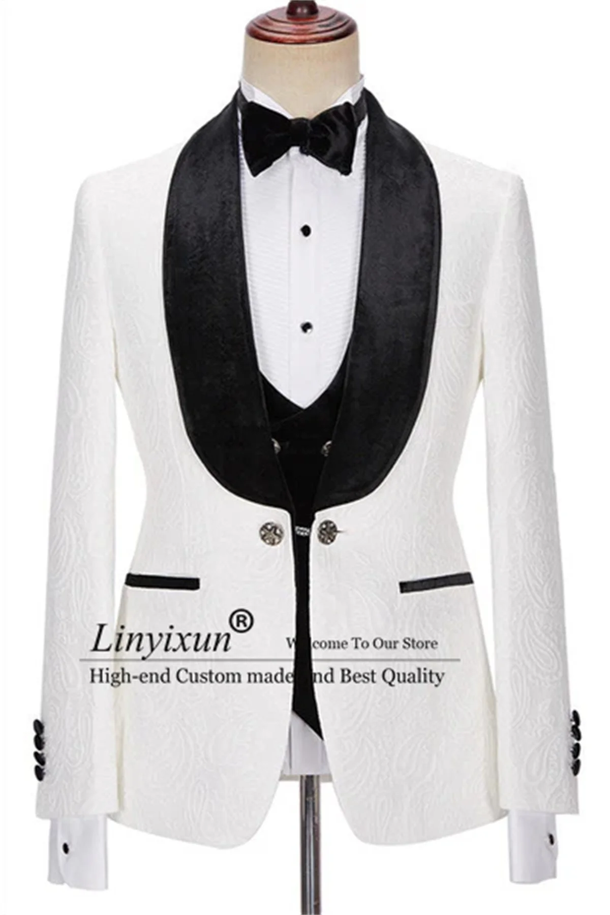 Fashion Jacquard Men Suit for Wedding Slim Fit Customized Business Office Blazer 3 Piece Shawl Lapel Groom Tuxedo Outfit Set