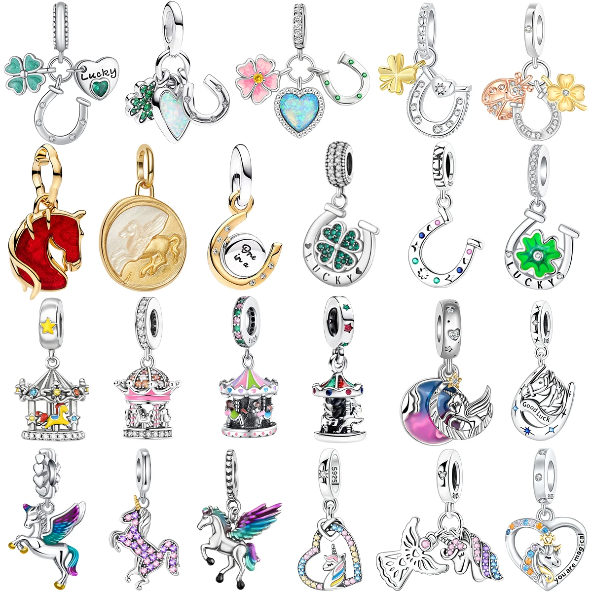 

Original 925 Sterling Silver Horse Charms Unicorn Horseshoe Earrings Beads Pendants Fit Bracelet Necklace DIY Jewelry Gift