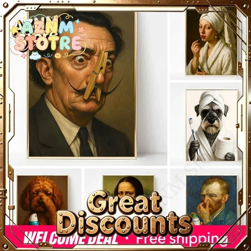 Salvador Dali Mona Lisa Funny Bathroom Toilet Portrait Poster Cockapoo Dog Canvas Painting Print Wall Art for Bathroom Decor