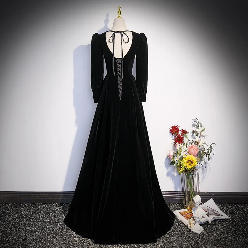 

Black Velvet Evening Dresses Women Elegant Long Sleeve Lady Gorgeous V Neck Backless Lace-Up Dubai Velour Formal Prom Gowns