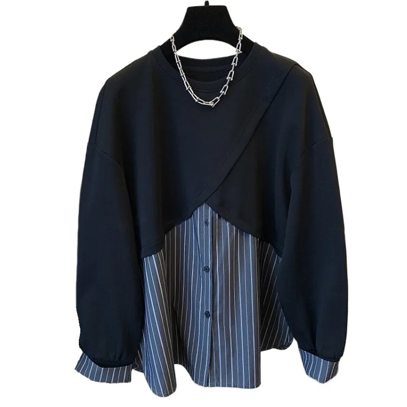 

SuperAen Spring New Retro Striped Patchwork O-neck Loose and Casual Oversized Sweatshirts Mid-length Long Skirt Two-piece Sets