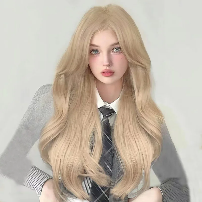 

Длинные волосы в европейском и американском стиле, средняя часть, длинные вьющиеся волосы, большие волны, парик на всю голову, натуральный пушистый, повседневная, реалистичная мода