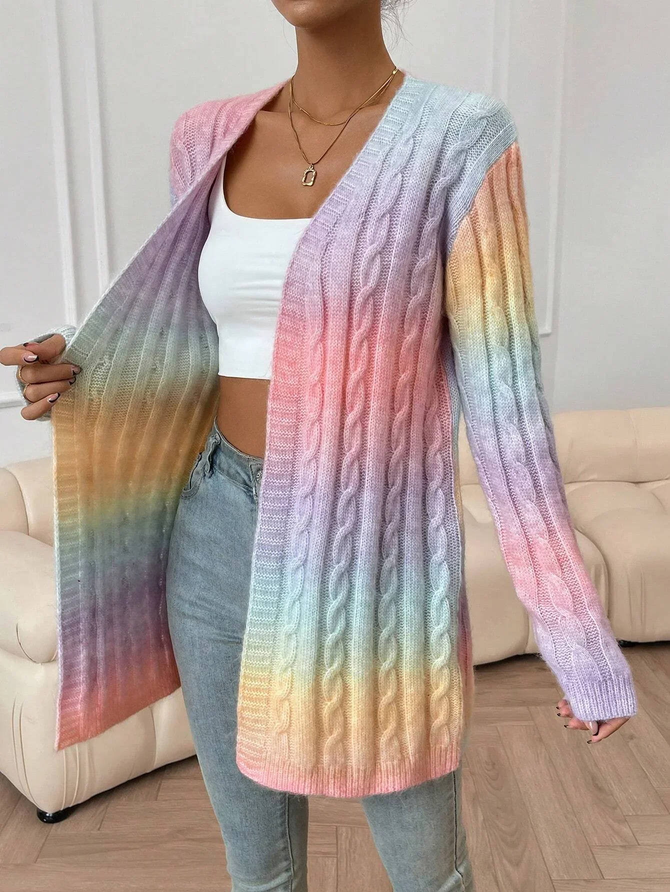 Autumn Vintage Cardigans Winter New Women\'s Sweater New Pockets Rainbow Tie-dye Mid-length Cardigan Knitted Sweater Jacket