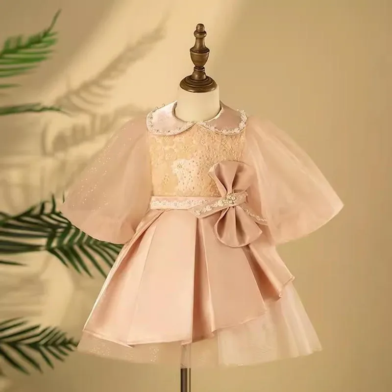 

2024 New Children's Evening Gown Bow Pearls Design Kids Catwalk Wedding Birthday Baptism Eid Party Girls Pink Dresses A3631