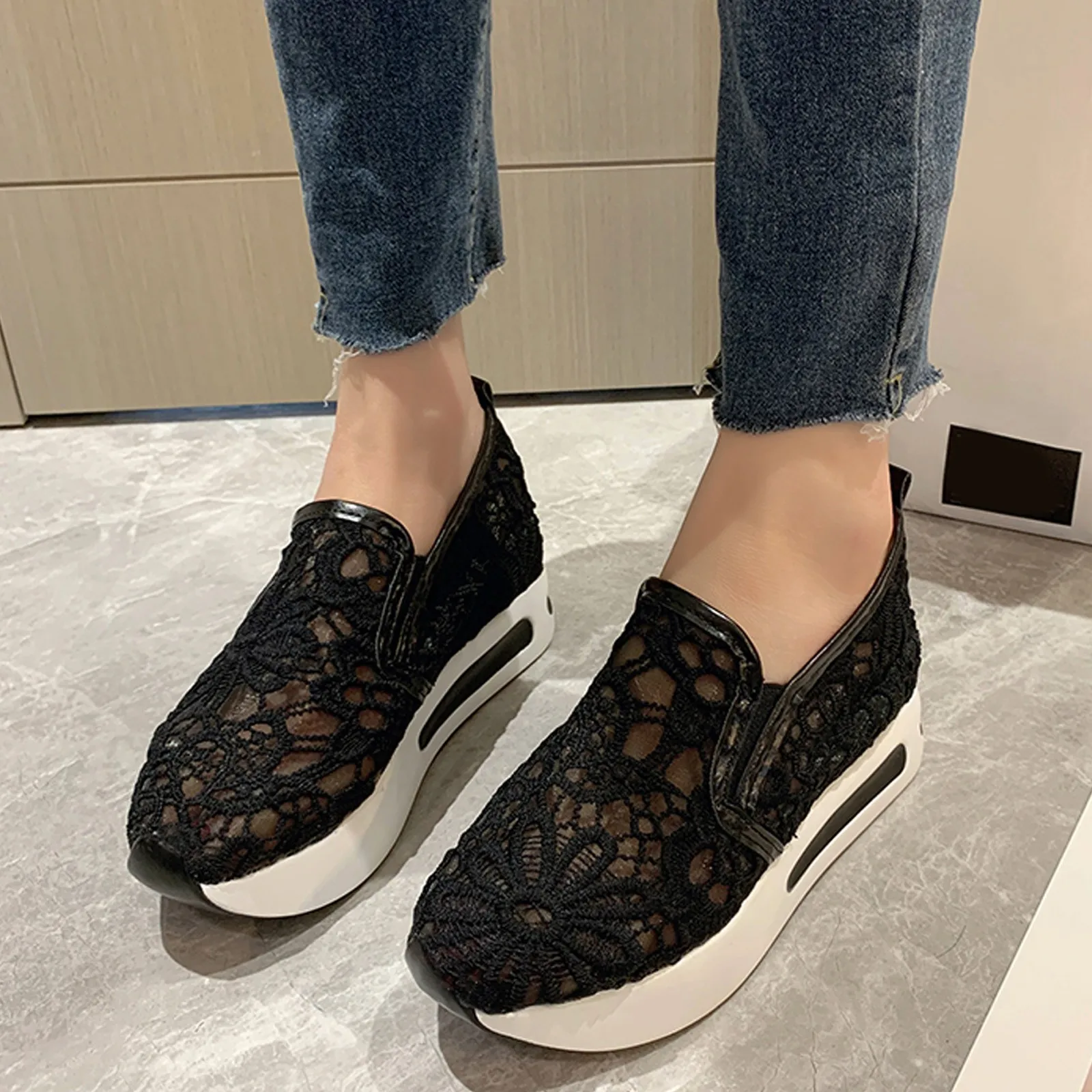 Platform Wedges Women\'s Sneakers Floral Embroidery Mesh Sneakers Slip On Casual Elegant Comfortable Ladies Heightening Shoes