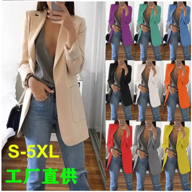 Women Blazer 2025 New Fashion Lapel Solid Color Pocket V Neck slim-fit Suit Long Jacket Women Vestidos JQMY8826