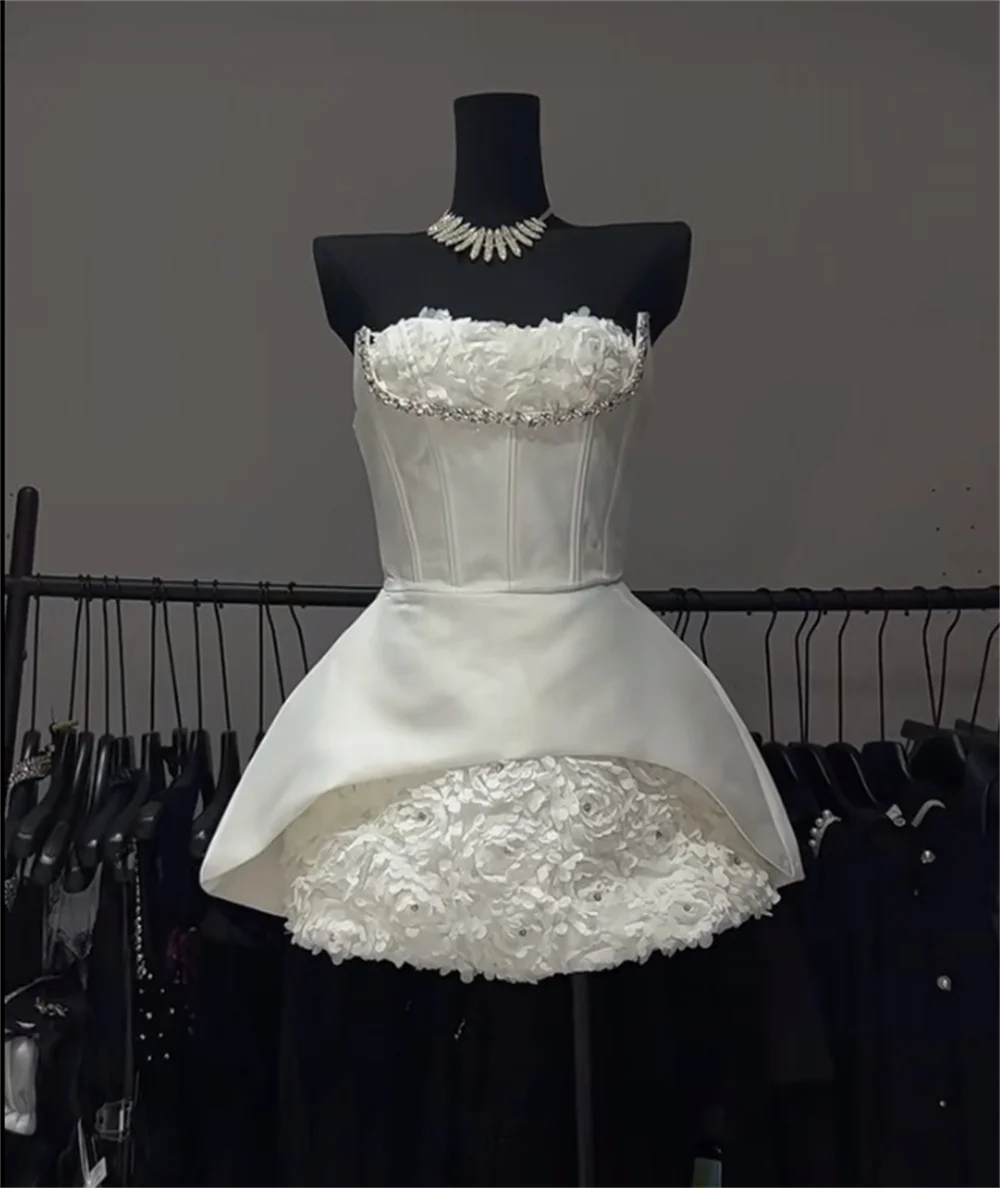 

New Sexy Strapless Flower Diamonds Short A Line Cocktail Dresses for Women Luxury Design Wedding Clothes Chic Birthday Dress