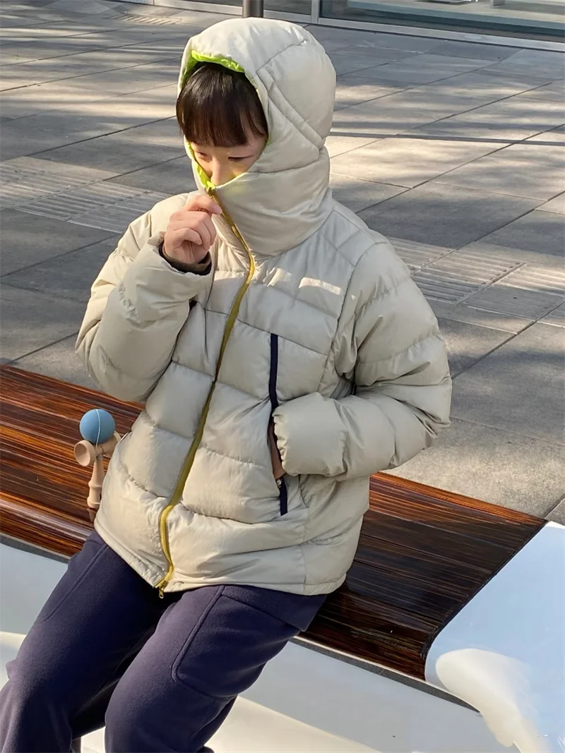 

Double-Sided Wear Retro Sports Sle 90 Goose down Puffer Jaet Women's Autumn Winter Thi Warm Loose Color Blo Hoodie Ou...