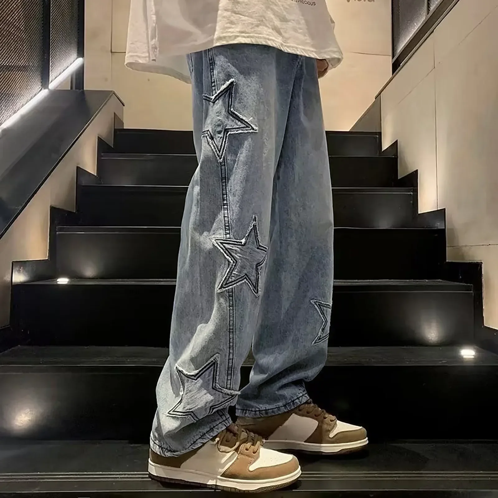 Pantalones vaqueros rectos con bordado de estrellas Y2K para hombre, pantalón de pierna ancha, informal, holgado, ropa de calle, vaqueros de gran tamaño de Hip Hop, moda 2024