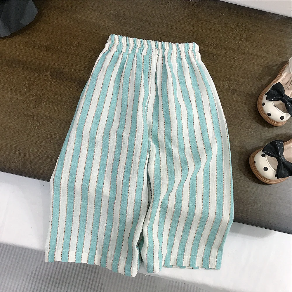 2pcs Girls Pants Sets Lace O-neck Sleeveless Ruched Hem Tops Shirt+Elastic Waist Contrast Striped Wide Leg Pants 2pcs Kids Suit