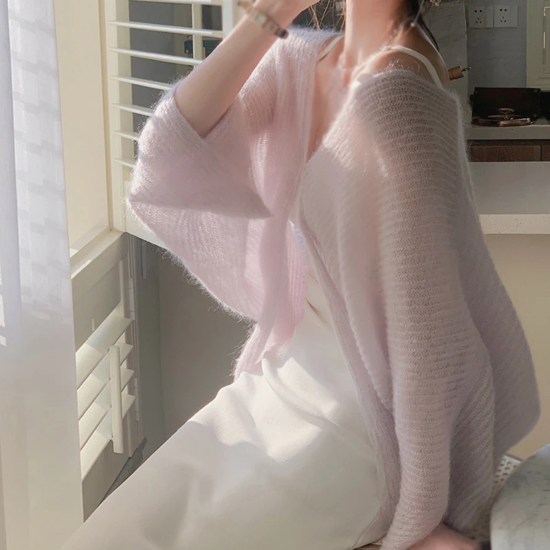 Mohair Knitted Cardigan Women Sun Protection Shirt Solid Color Lazy Style Top Sweet Long Sleeves Breathable Thin Style Summer