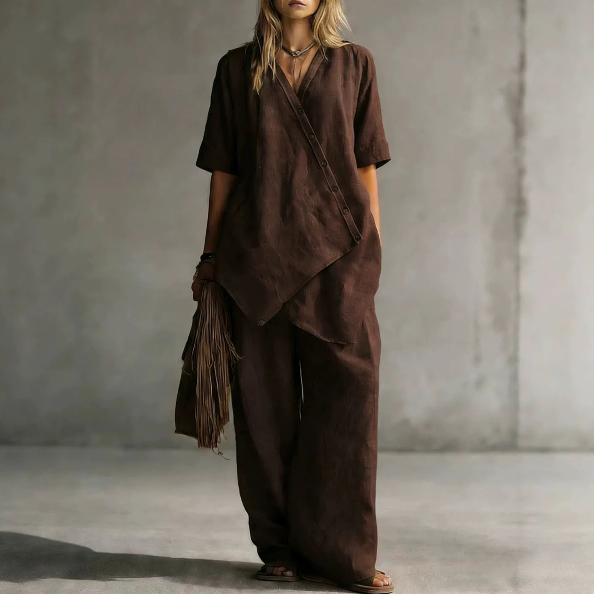 Casual V-neck Short-sleeved Loose Pure Color Sweater Cardigan Long Pants Two-piece Set Comfortable Breathable Cotton Linen Blend view 4