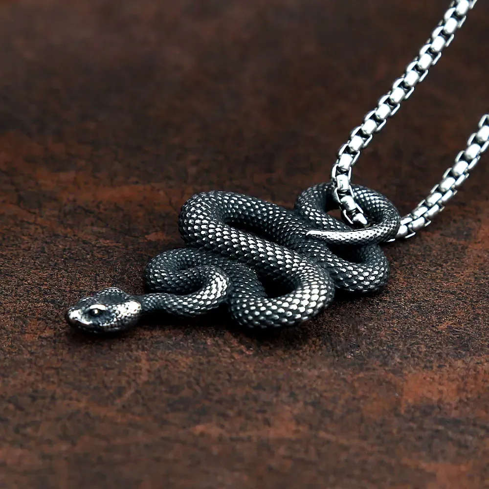 Gothic Punk Retro Coiled Serpent Pendant Necklace Stainless Steel Luck Talisman For Male Female Dark Style Fashion Jewelry