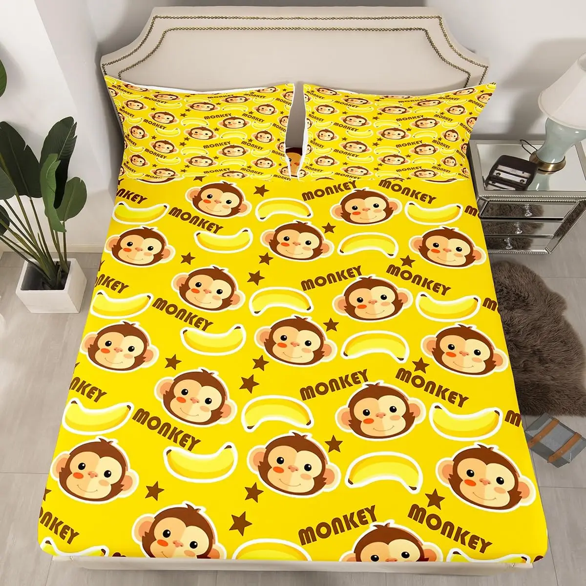 Cute Monkey Sheet Set for Boys Girls Room Dorm Decor Full Queen Size Cute Cartoon Monkey Fitted Sheet Wild Animal Bed Sheets