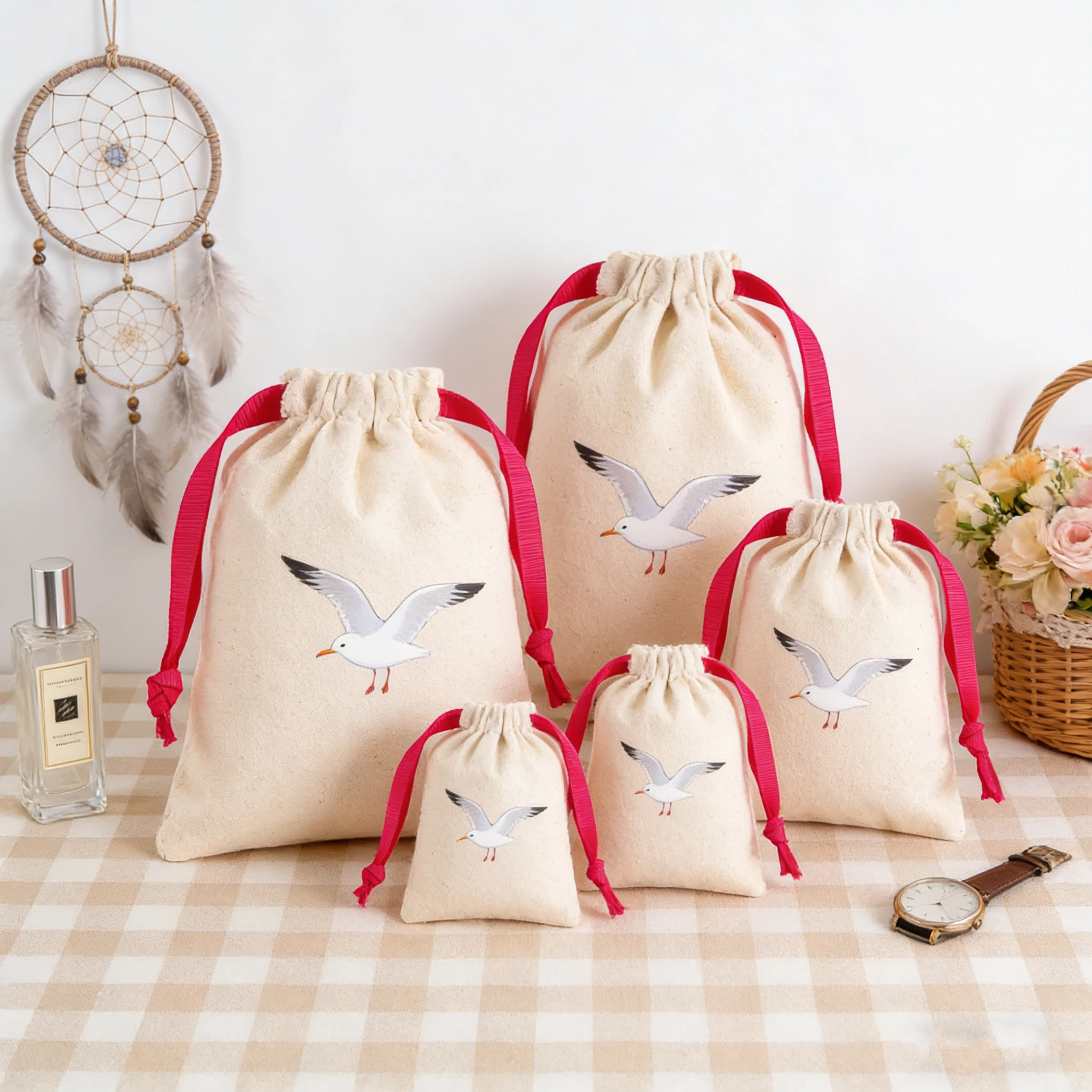 

100pcs 9*12 cm Nature Cotton Canvas Drawstring Bracelet Pouch with Grosgrain Ribbon Custom Beige Jewelry Bags Hoop Earrings Pack