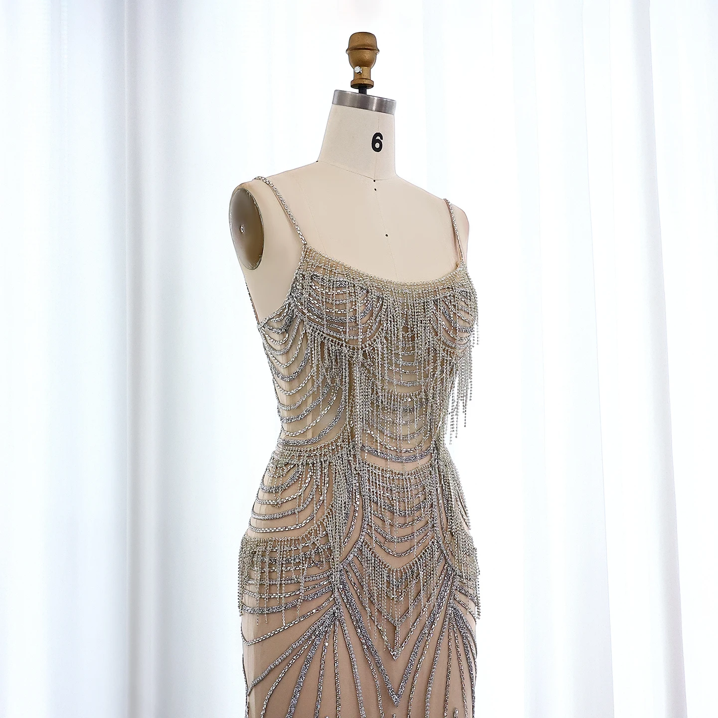 Sharon Said Luxuriöses Champagner-Abendkleid mit Spaghettiträgern, Perlenbesetztes Meerjungfrauenkleid, bodenlang, für formelle Anlässe und Partys, SS029, maßgeschneidert – Detail 8