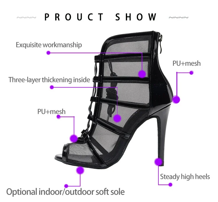 Elegant Salsa Jazz Tango Outdoor Indoor Practice Latin Dance Shoes for Dancing Women Girl High Heels Flock Boots Black