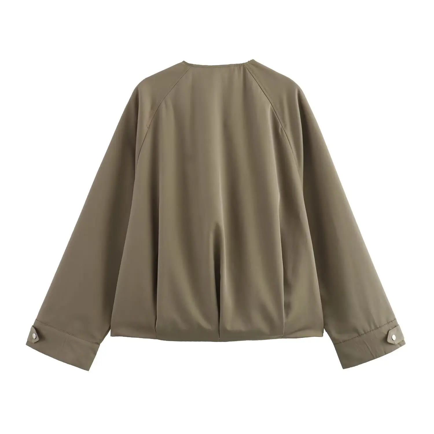 TRAFZA-Chaqueta de piloto elegante para Mujer, gabardina corta cálida con bolsillo de manga larga y cremallera, Top de cuello redondo con botones, color liso, otoño