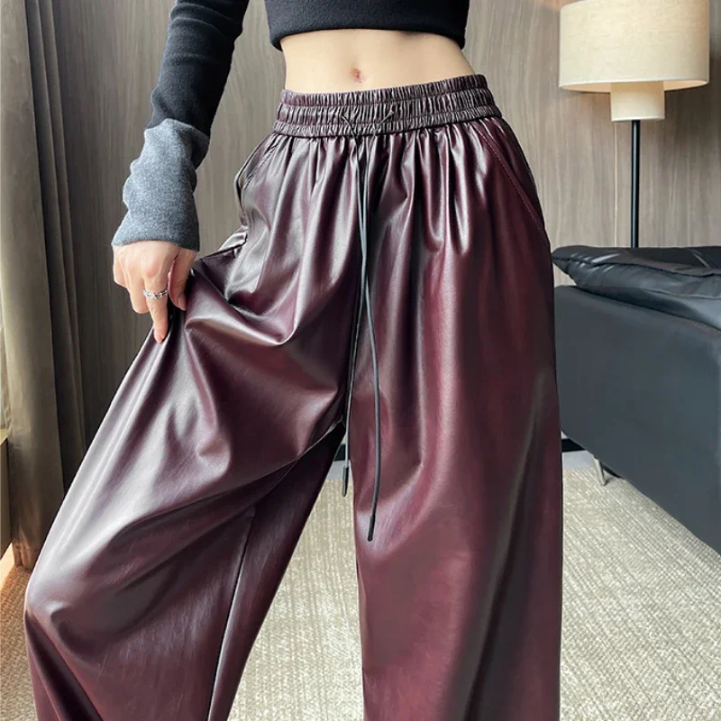 

Red Trousers Women Wide Leg Pants Women Autumn New Vintage Pockets Fashionable High Waist Women Clothing Elastic Leather Pants