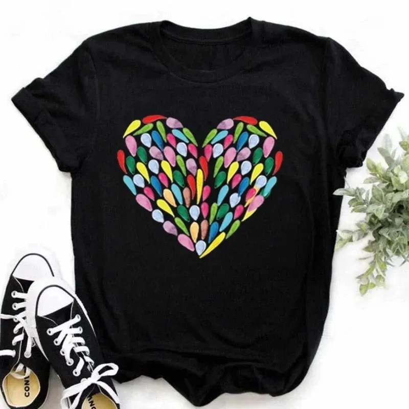Women Clothes Heart Shaped Print Women's T-Shirt Colorful Butterfly Feather Rose Casual Short Sleeve Top Y2k Goth