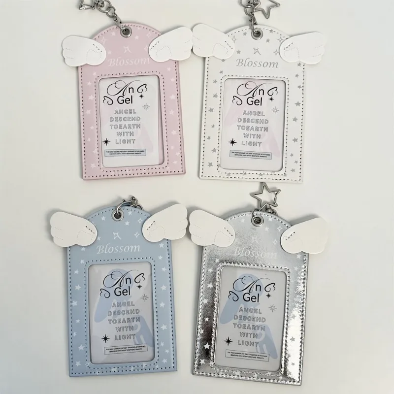 Angel Wings Star Leather Card Holder, 3 Inch Kpop Photocard Sleeve, Idol Polaroid Photo Display Case, Campus ID Card Protective