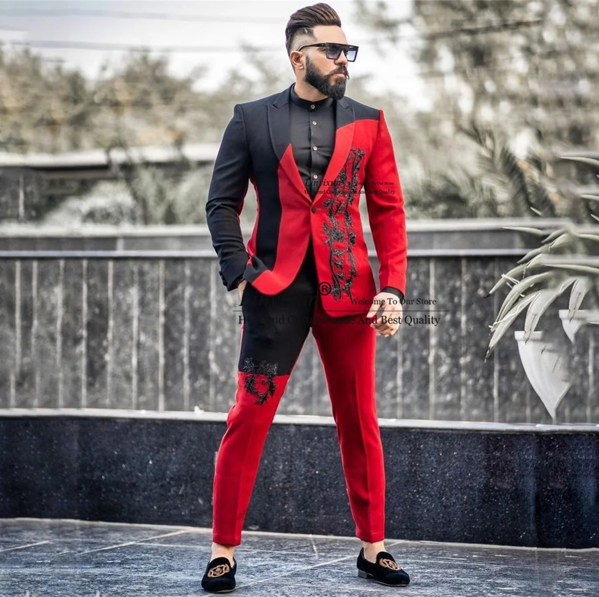 Newest Fashion Splice Suits For Men Lace Applique Groom Tuxedos 2 Pieces Sets Slim Male Prom Blazer trajes elegante para hombres